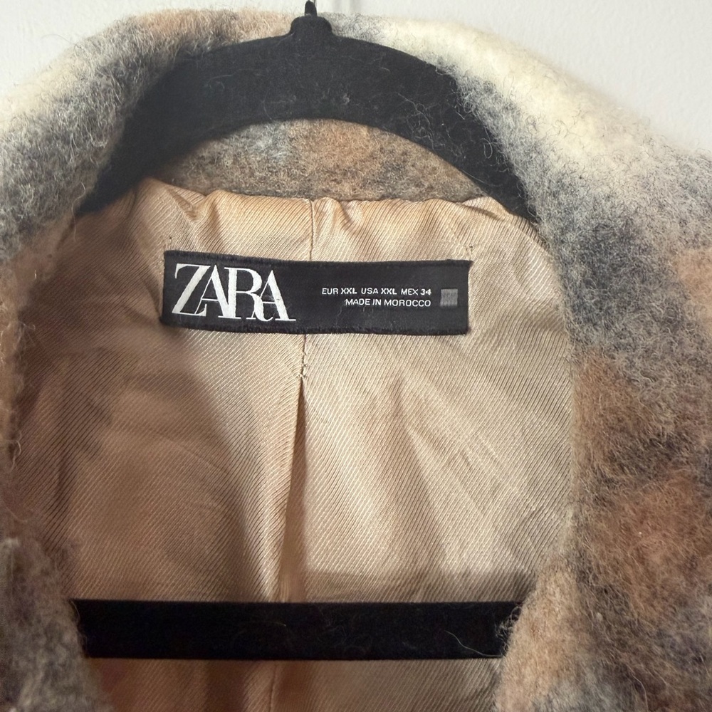 ZARA Plaid Wool Blend Shacket Jacket XXL Oversized Beige Brown Coat - Picture 2 of 6